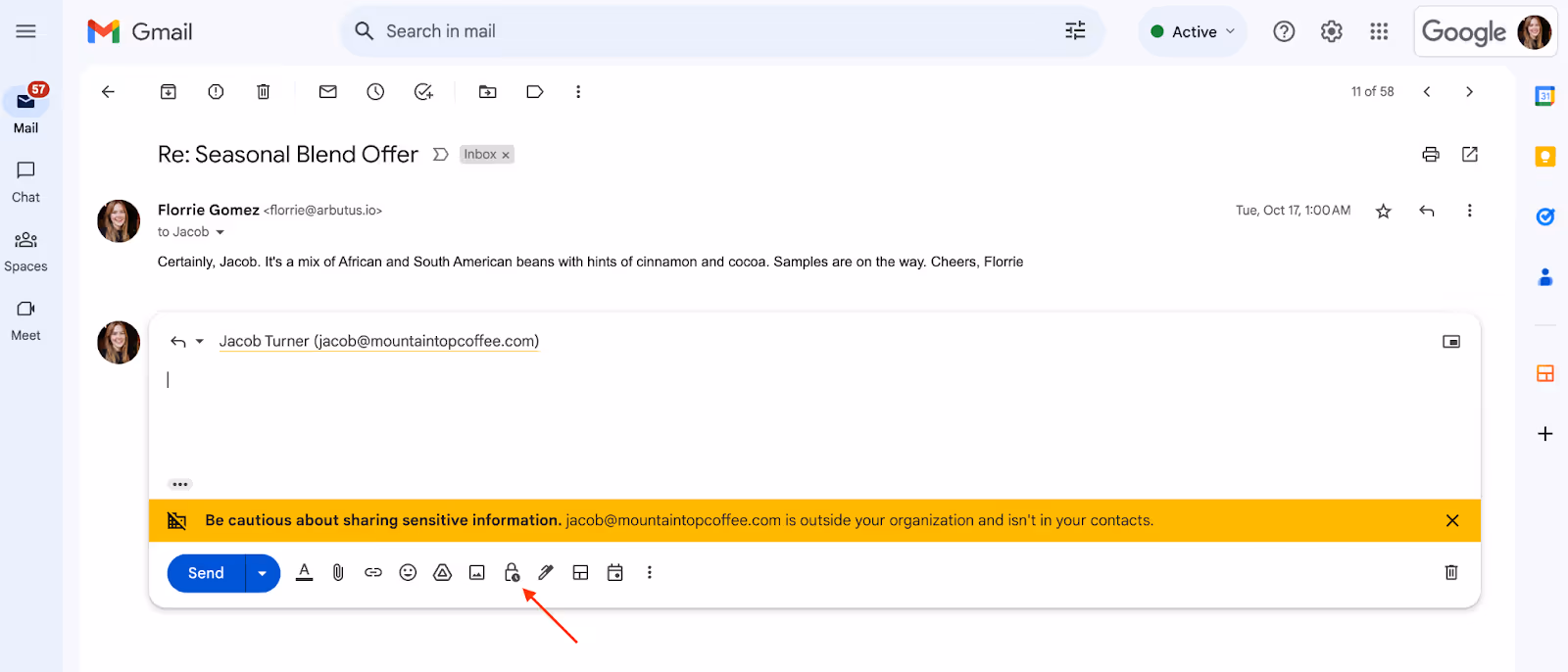 A screenshot of what's inside Gmail Compose showing the toolbar at the bottom, especially the lock with a sumperimposed clock pertaining to confidential mode functionality once clicked