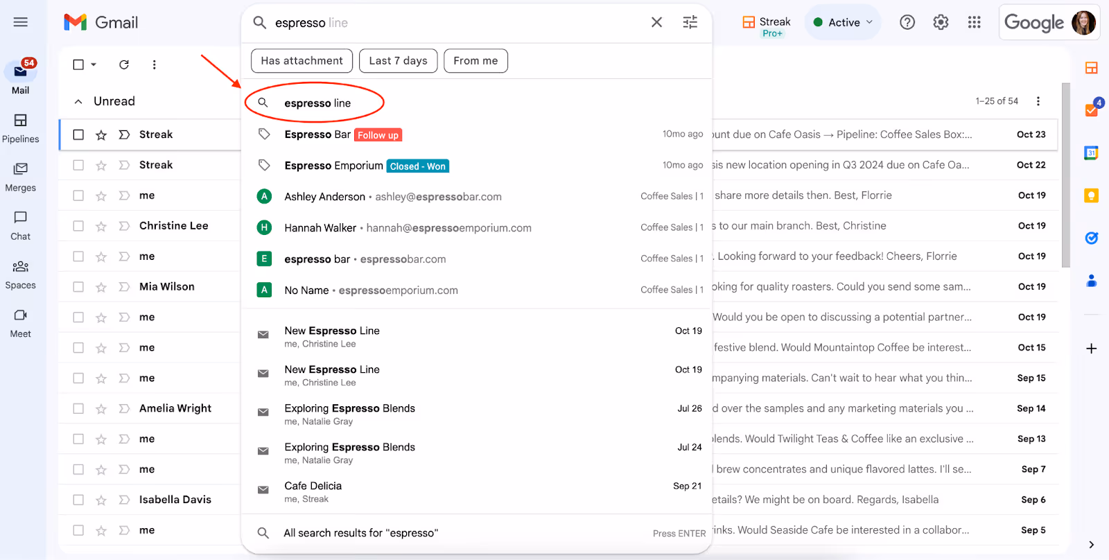 A screenshot fo the Gmail inbox showing the Gmail search history