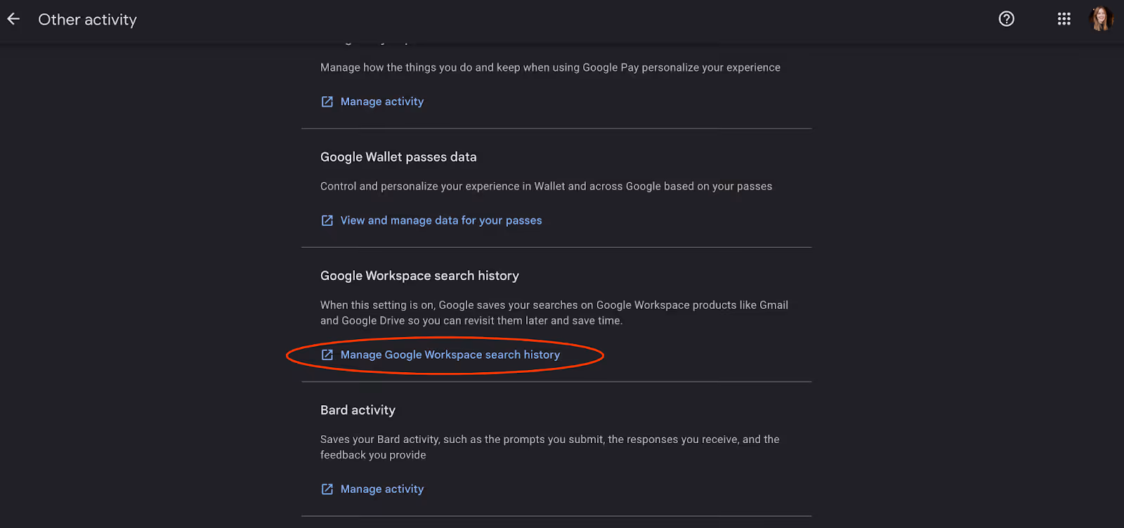 A screenshot of My Google Activity's Other Activity section showing the portion where you can click "Manage Google Workspace Search History to delete the search history according to dates