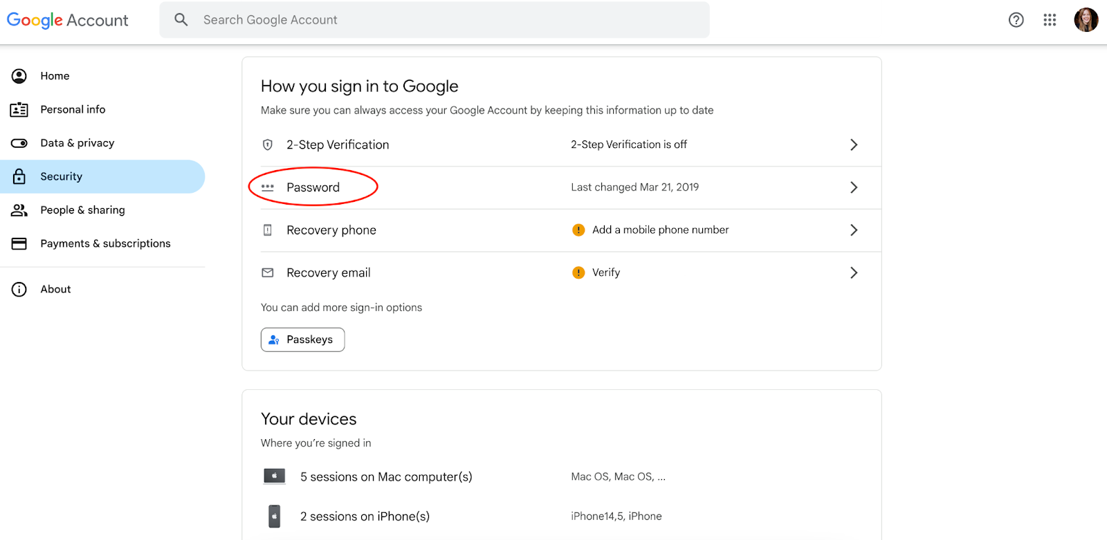 A screenshot of the Google Account page, showing the sign-in options, including password, passkeys, devices, and where you're signed in.