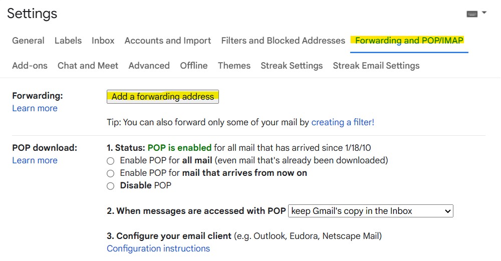 A screenshot of the Gmail settings showing how to setup a filter for automatic forwarding