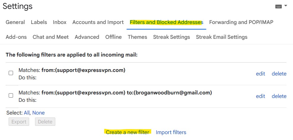 A screenshot of the Filters and Blocked Addresses section after the forwarding address is set up