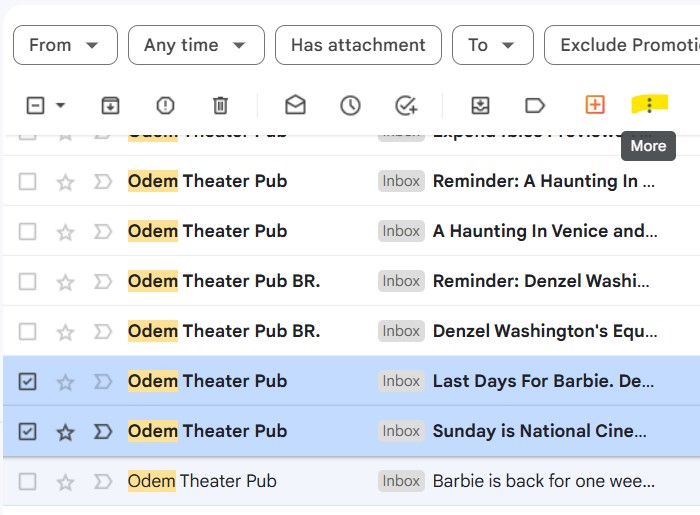 A screenshot of Gmail inbox showing the first two steps on how to forward emails as attachment which are selcting the checkboxes of designated emails on the left and selecting the three dots on the upper right for the More menu
