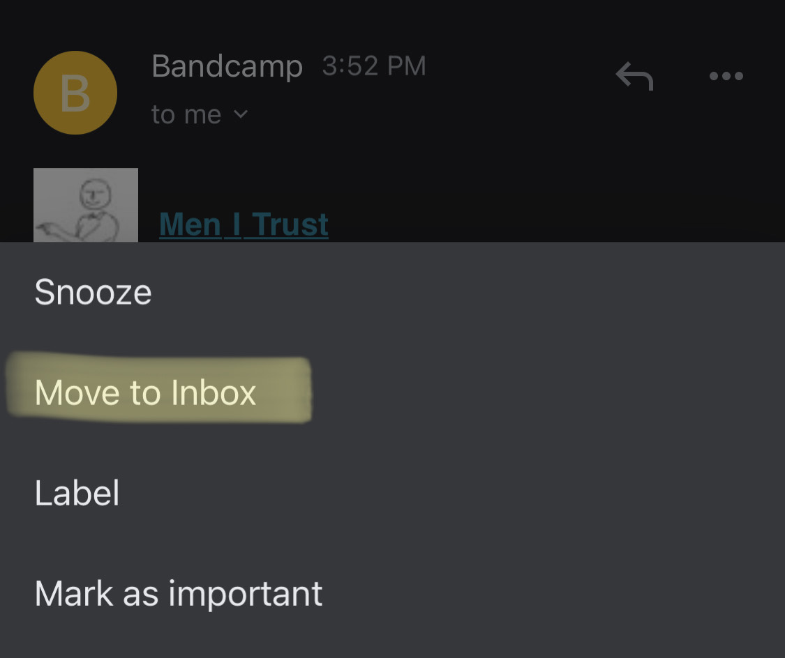 a screenshot of Gmail inbox on mobile highlighting Move to Inbox feature to unarchive emails 