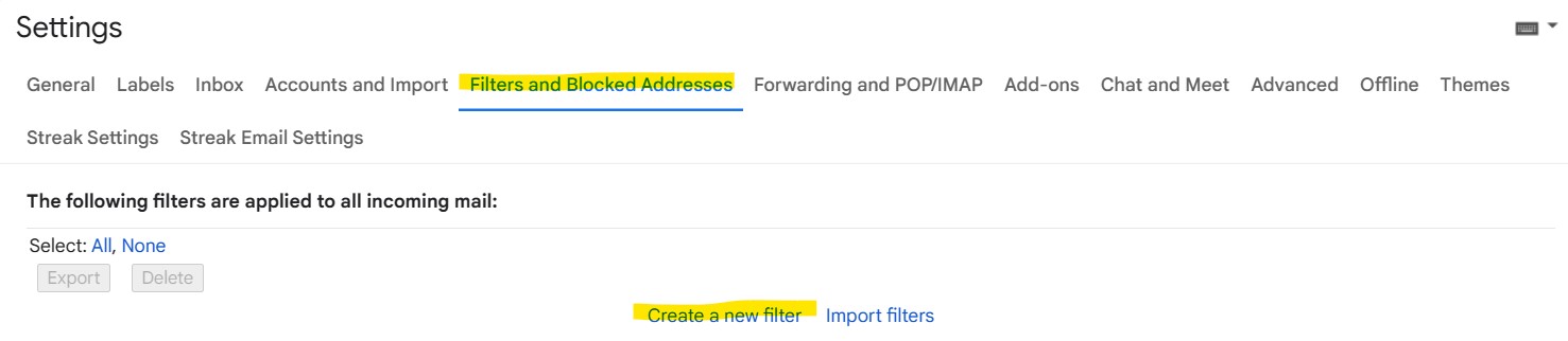 A screenshot of Gmail Settings section with Filters and Blocked Addresses portion highlighted