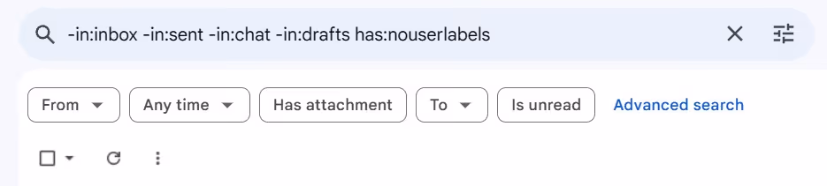 a screenshot of the parameters typed in the Gmail inbox search bar after looking into All Mail to filter for achived emails in Gmail