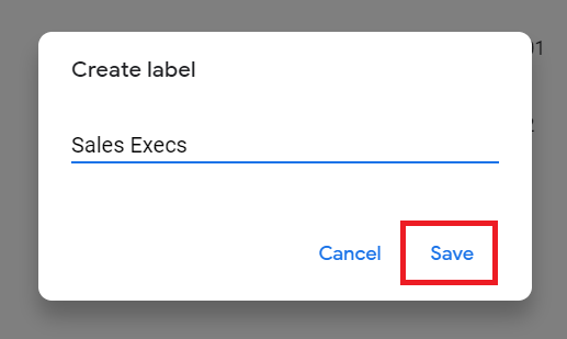 A screenshot of the window when creating a label in the Contacts section