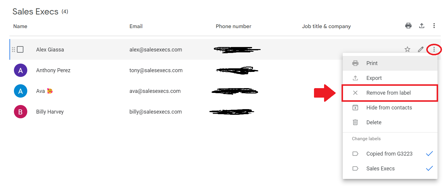 A screenshot showing how to remove contacts from a distribution list