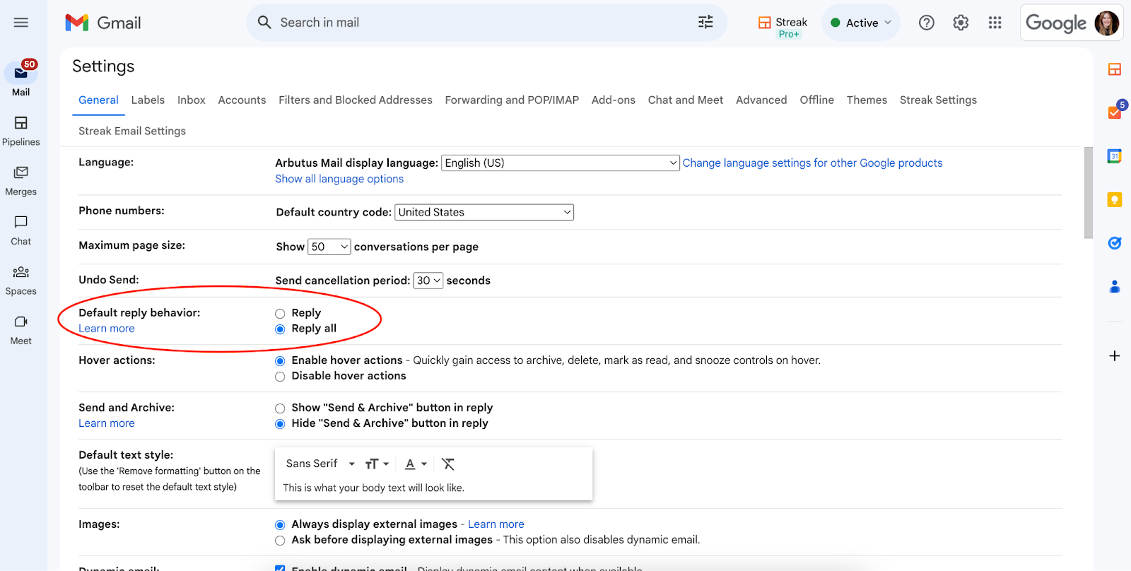 Screenshot of the Gmail Settings page, with the Default reply behavior setting highlighted. The Reply all option is selected.