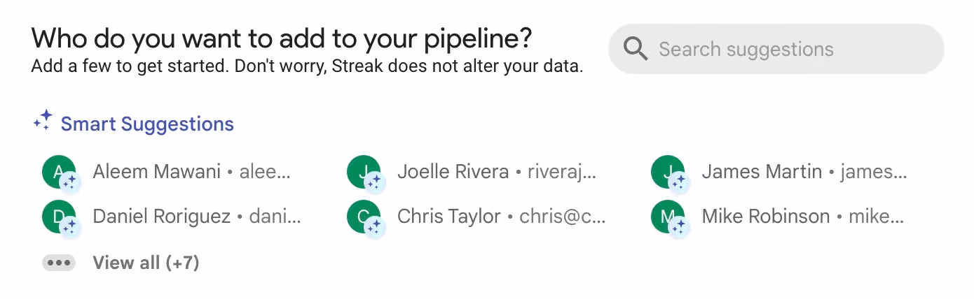 a screenshot of Streak's Smart Suggestions with a list of contacts to add to your pipeline