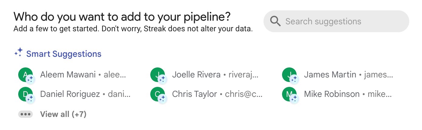 a screenshot of Streak's Smart Suggestions with a list of contacts to add to your pipeline