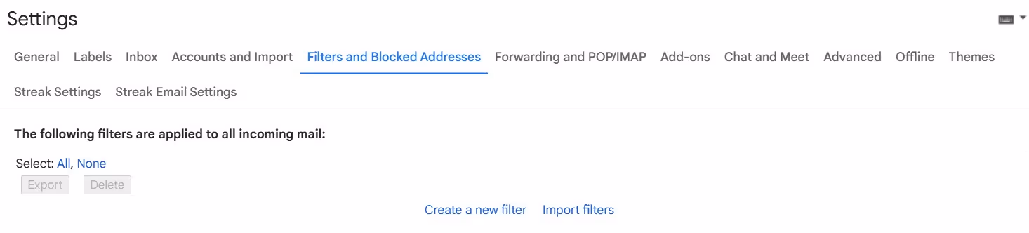 A screenshot of the Gmail filter settings