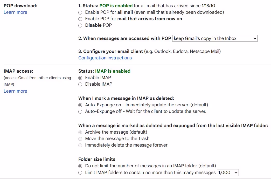 A screenshot of the mail POP/IMAP settings