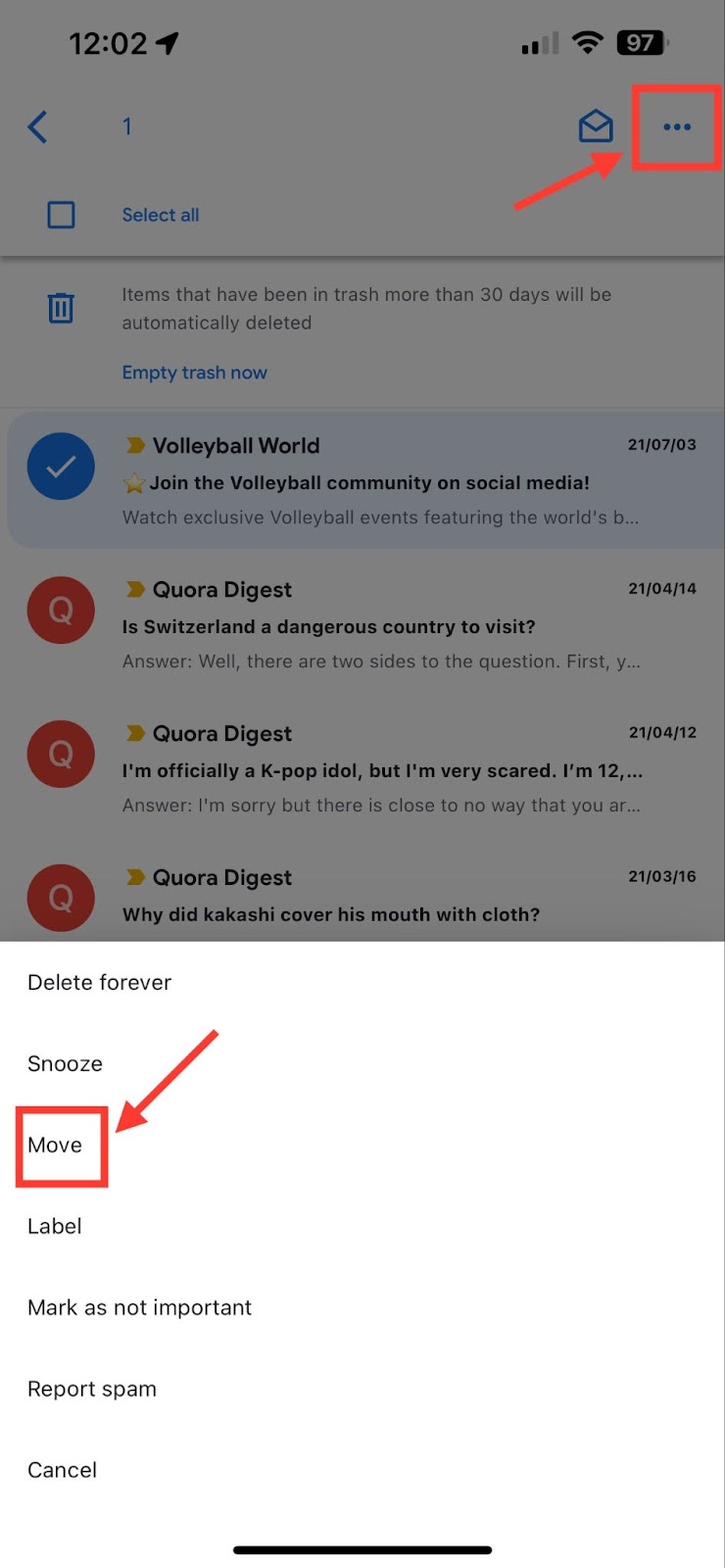 A screenshot of the Gmail Trash inbox on iOS with the three-dots highlighted