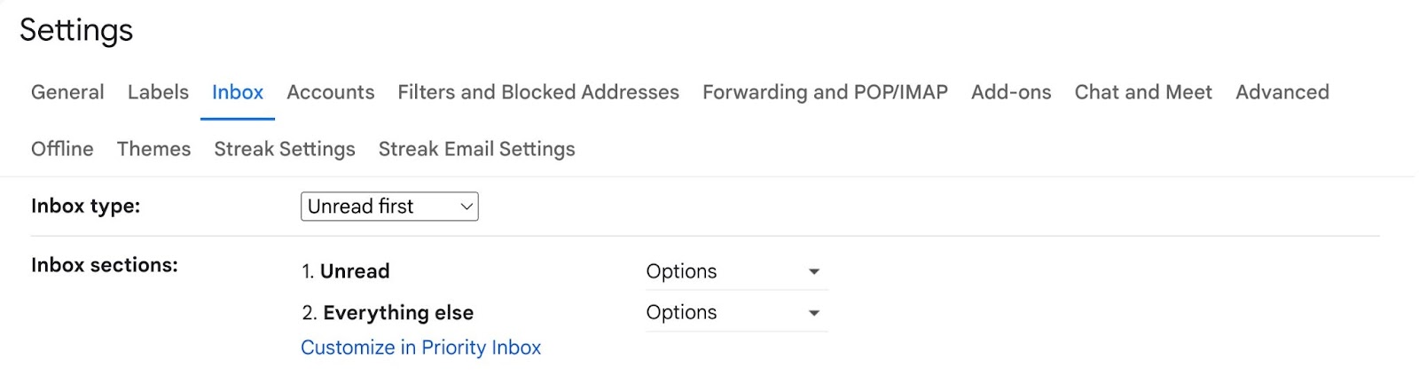 A screenshot of the Inbox tab in the Gmail Settings showing how to separate and organize the unread emails from everything else