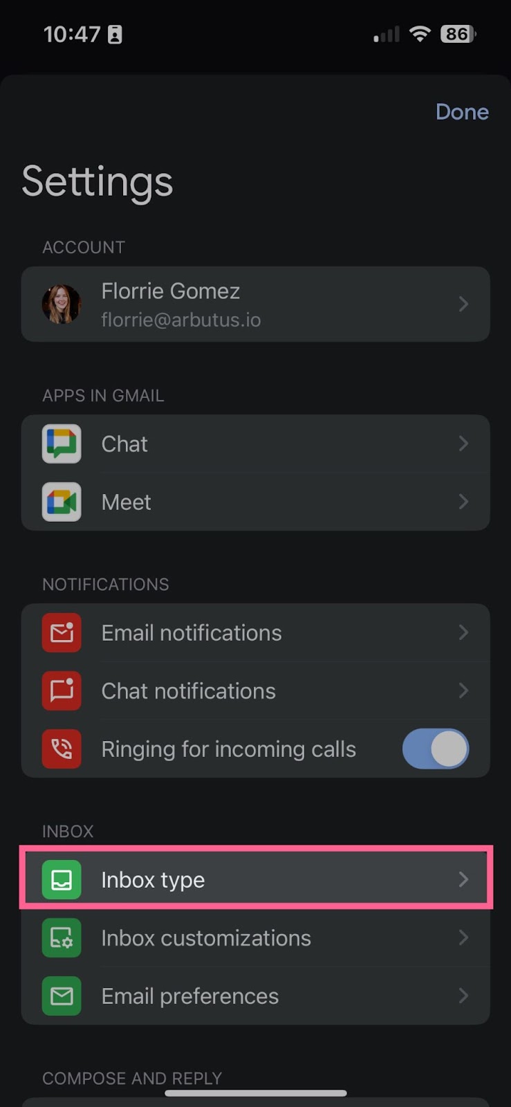 A screenshot of the Settings inside the Inbox type section in Gmail in an iOs 