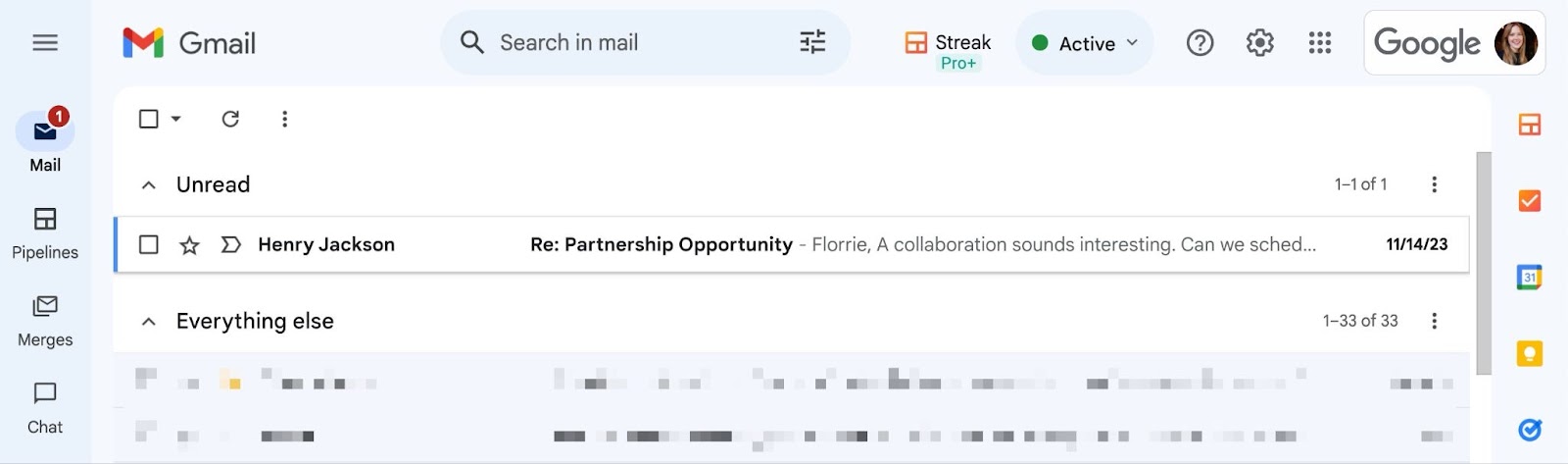 A screenshot of a Gmail inbox with a separate inbox for unread emails