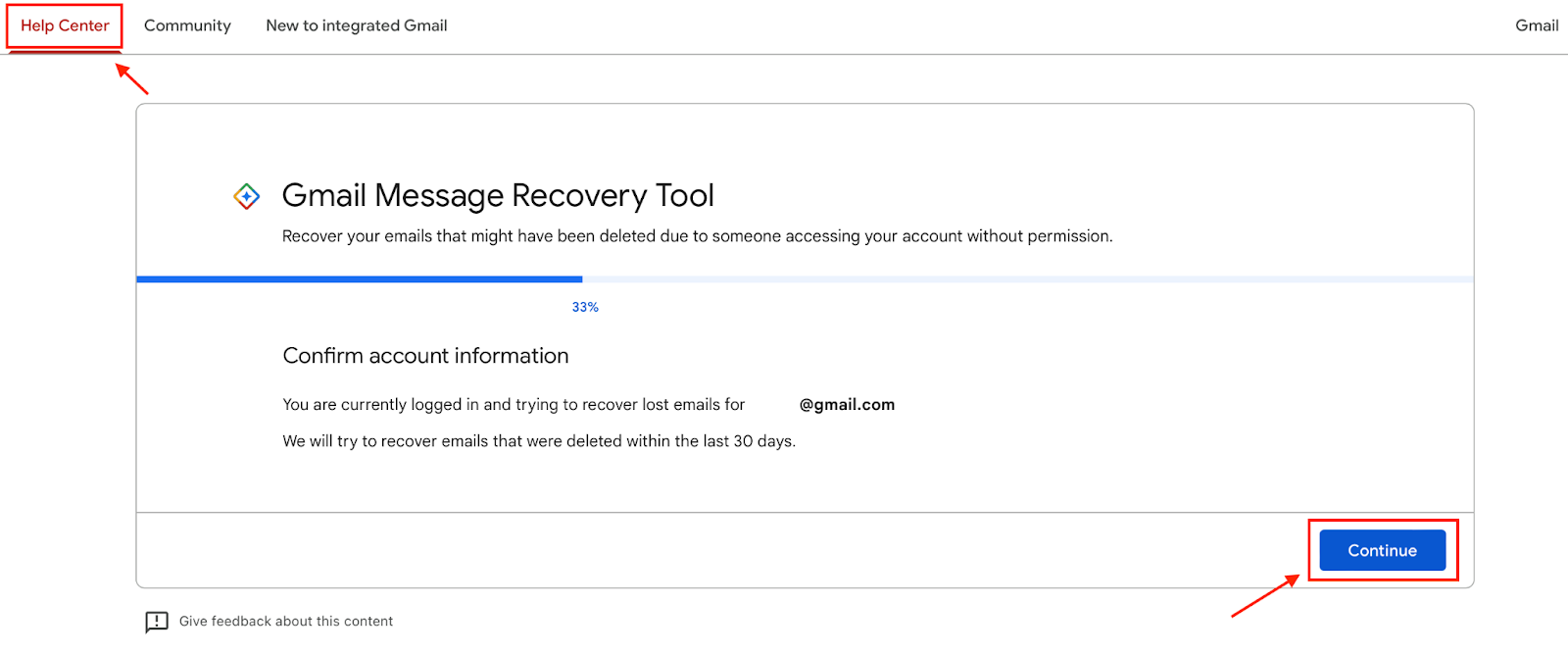 A screenshot of the Gmail Message Recovery Tool with the Help Center feature at the top highlighted in red