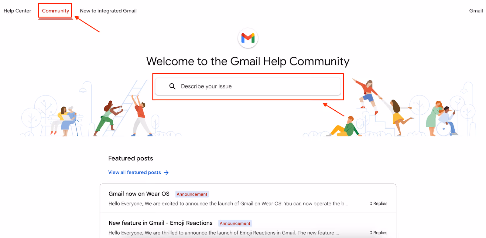 A screenhot of the Gmail Help Community page