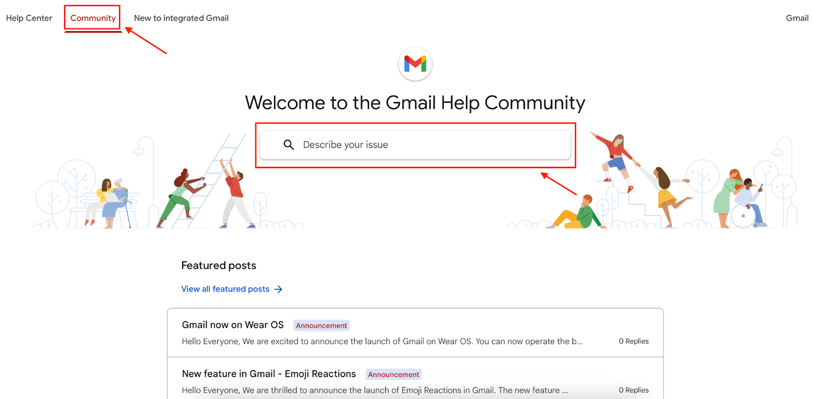 A screenhot of the Gmail Help Community page