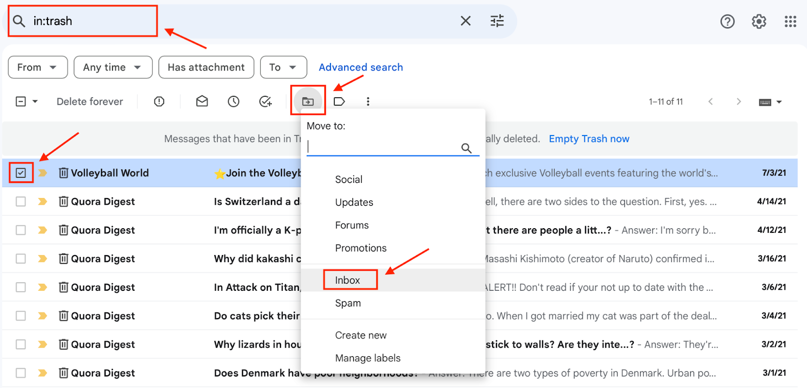A screenshot of the Gmail inbox labelling the different icons in the inbox to explain how to recover deleted emails in Gmail