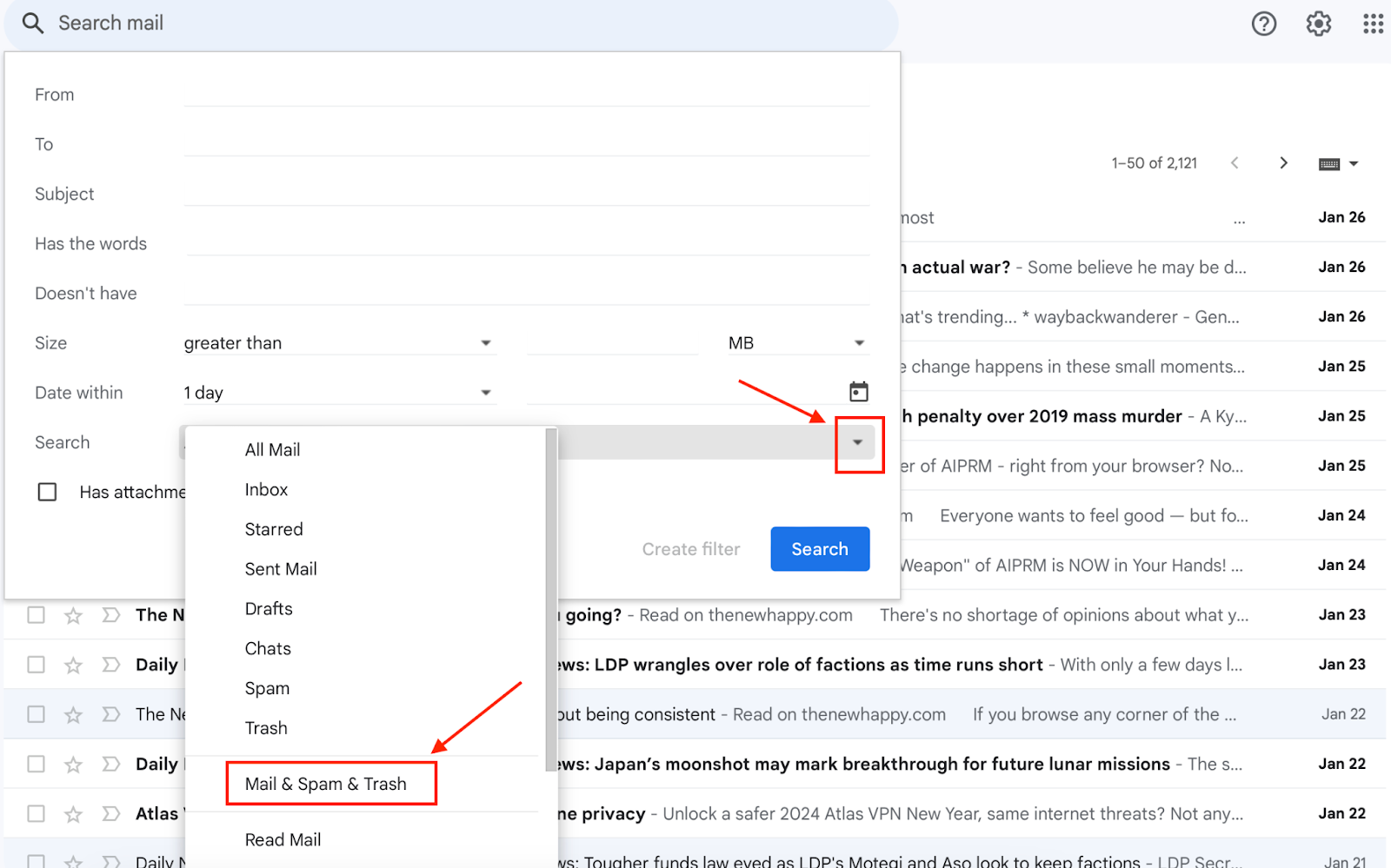A screenshot of the drop down menu on the search bar at the top f the Gmail account