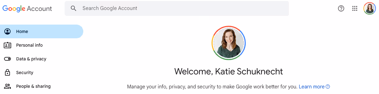 A screenshot of the menu that shows after clicking the "Manage your Google Account" tab