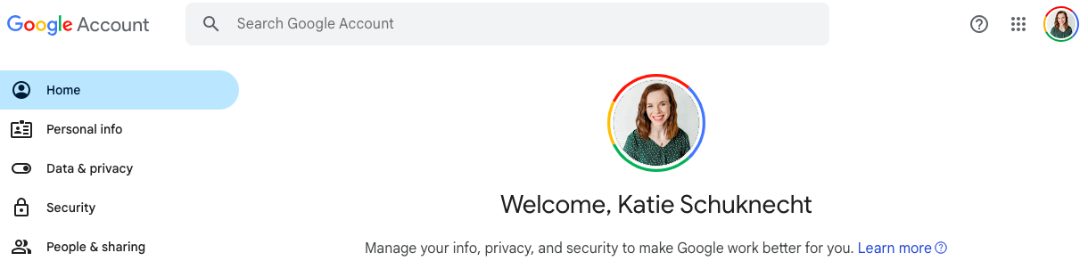A screenshot of the menu that shows after clicking the "Manage your Google Account" tab