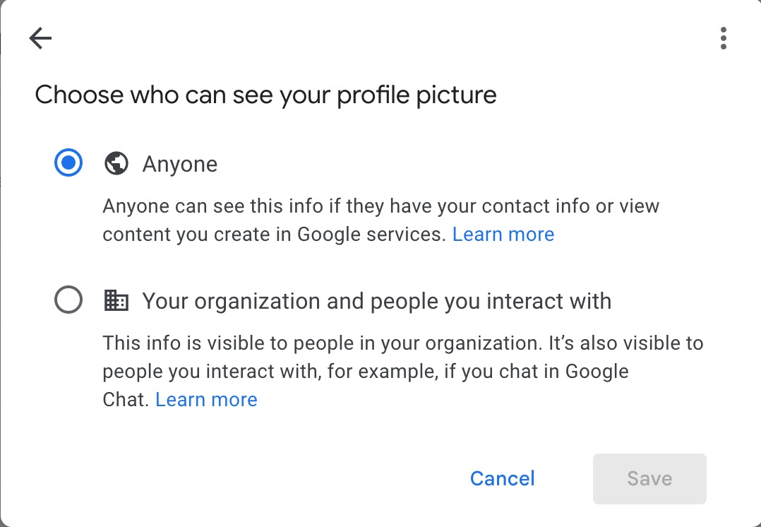 A screenshot of the window that pop ups after you click the Visible to Anyone interface, which sends you to this window, giving you the option to choose who can see your profile picture