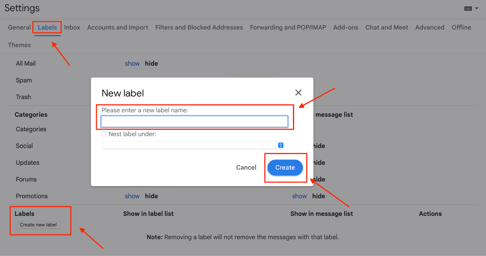 A screenshot of a window in Gmail Settings showing the Labels section
