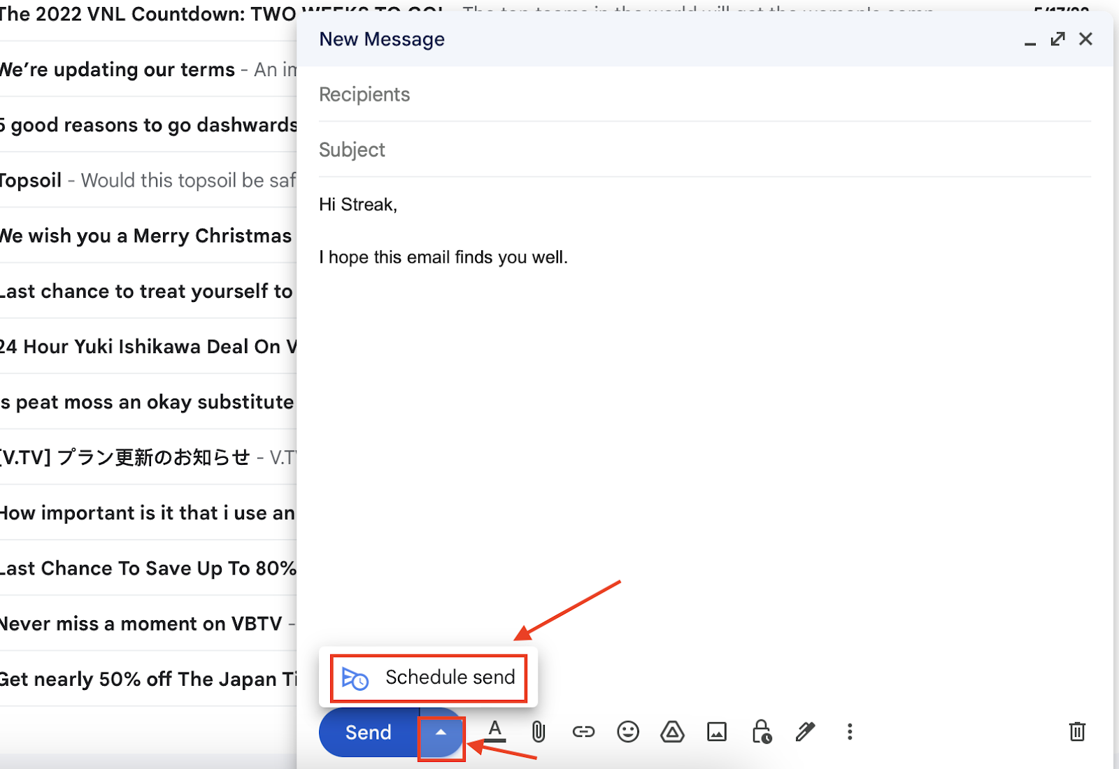 A screenshot of Gmail's Compose featuring the Schedule Send feature so you can send your email to your recipient at the most opportune time