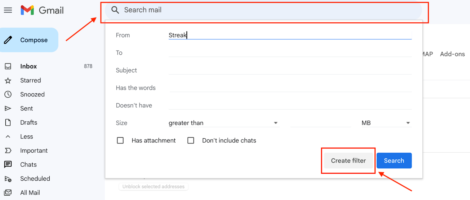 A screenshot of the window that pops up when clicking the Gmail search bar menu