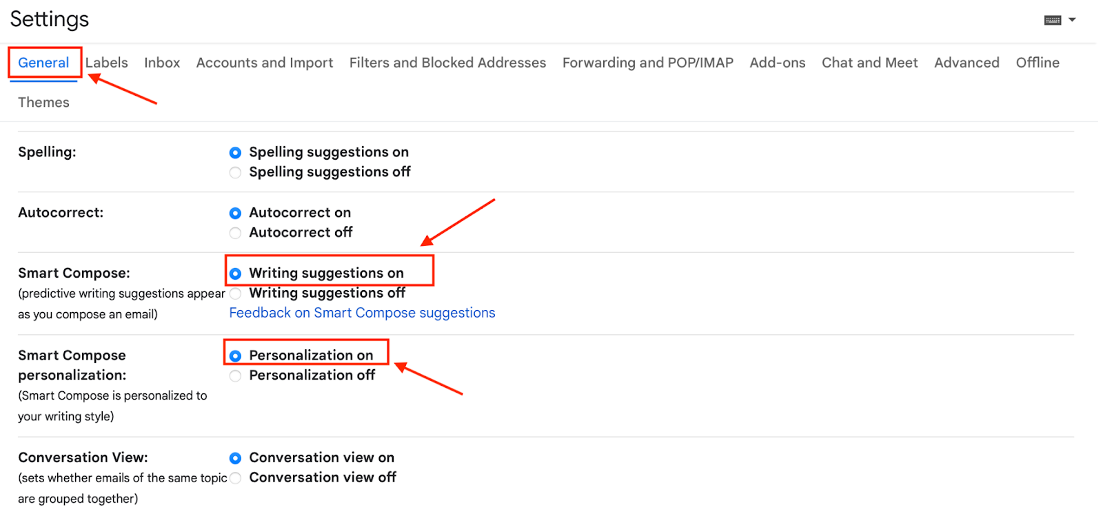 A screenshot of Gmail Settings with Smart Compose writing suggestions and personalization enabled