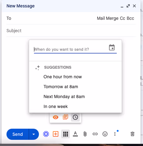 A screenshot of Streak’s send later feature where you can schedule your emails to be sent later and track when they’re opened and clicked through