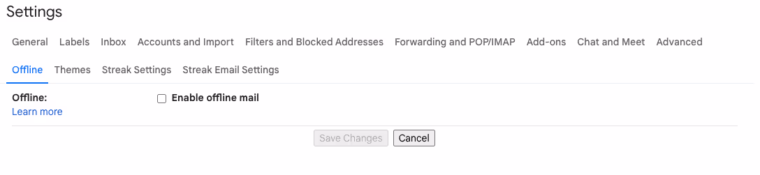 A screenshot of Gmail Offline section in See All Settings menu with option to enable offline mail