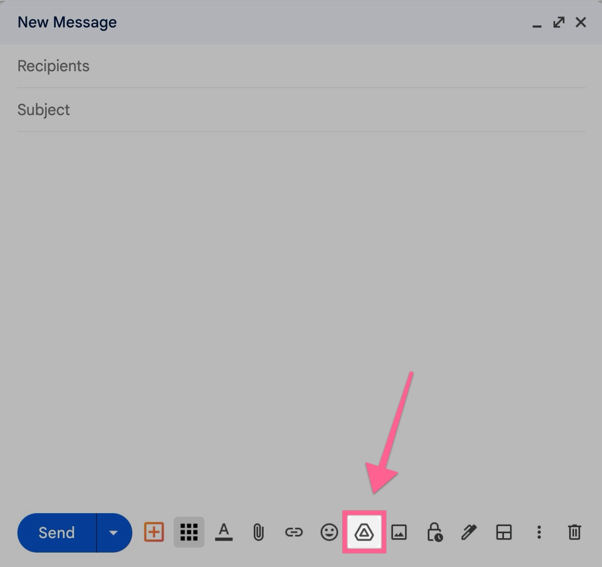 A screenshot of Gmail's Compose highlighting the Google Drive icon in the toolbars below where you can insert files