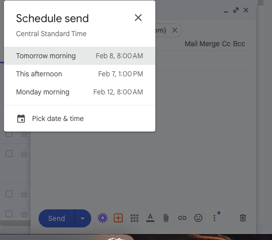 A screenshot of Gmail Schedule send time options in the Central Standard Time