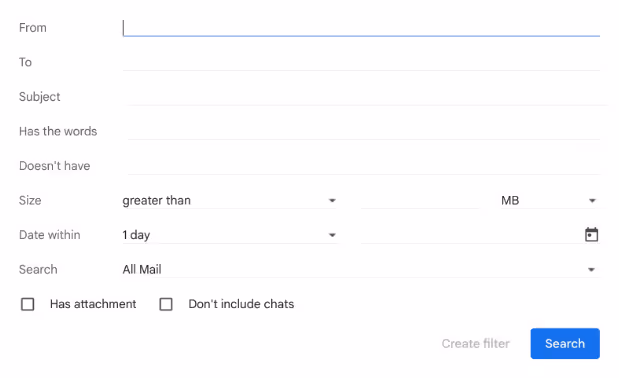 A screenshot of the dropdown menu that appears once you click the filter icon in the far right of the search bar