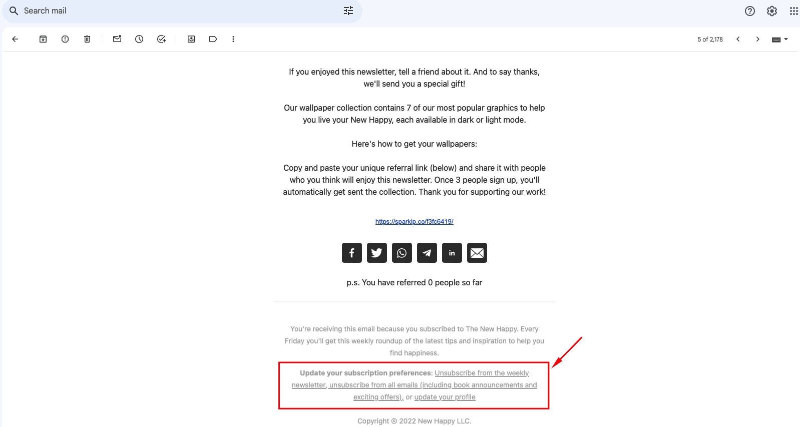 A screenshot of an email highlighting the unsubscribe link at the bottom of the email.