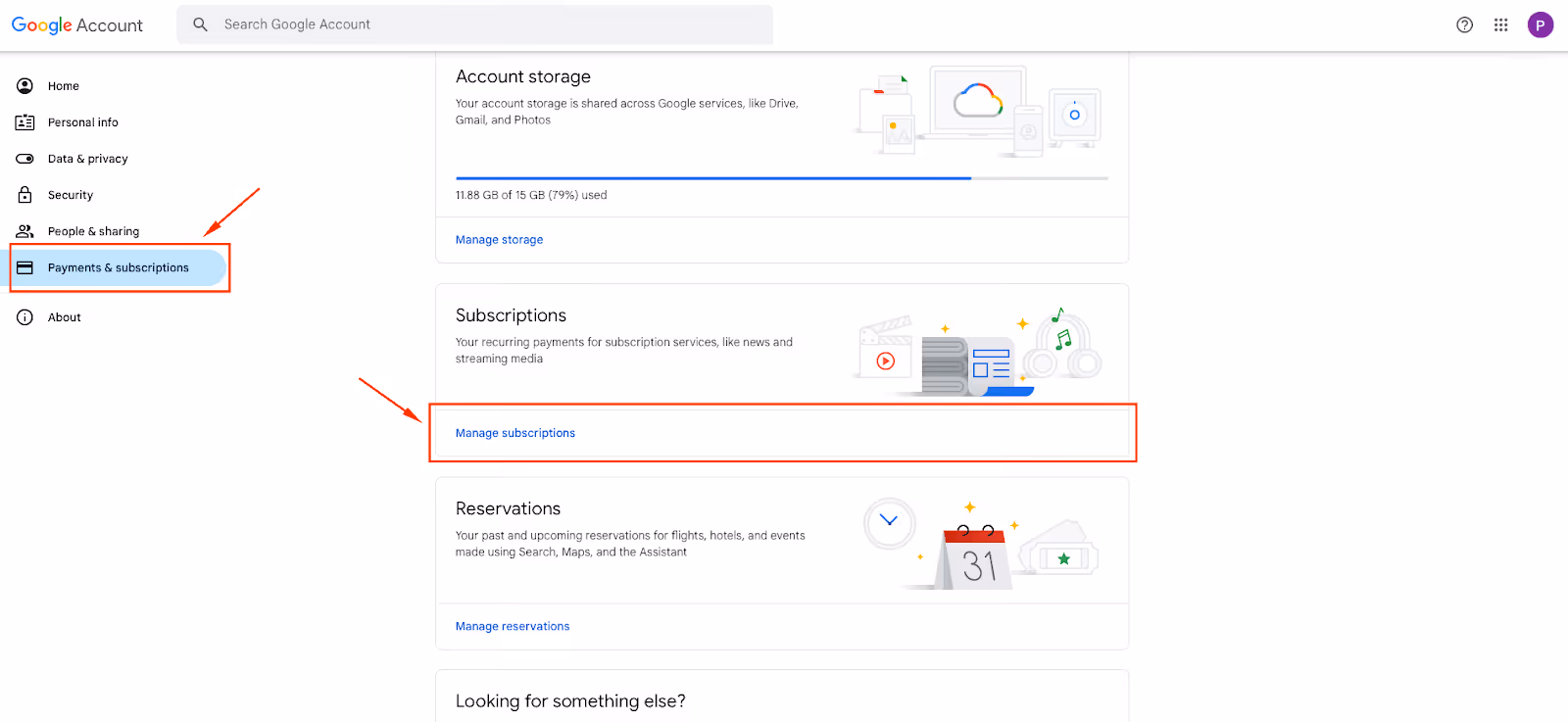 A screenshot of the page in Google Account highlighting the Payments & subscriptions section