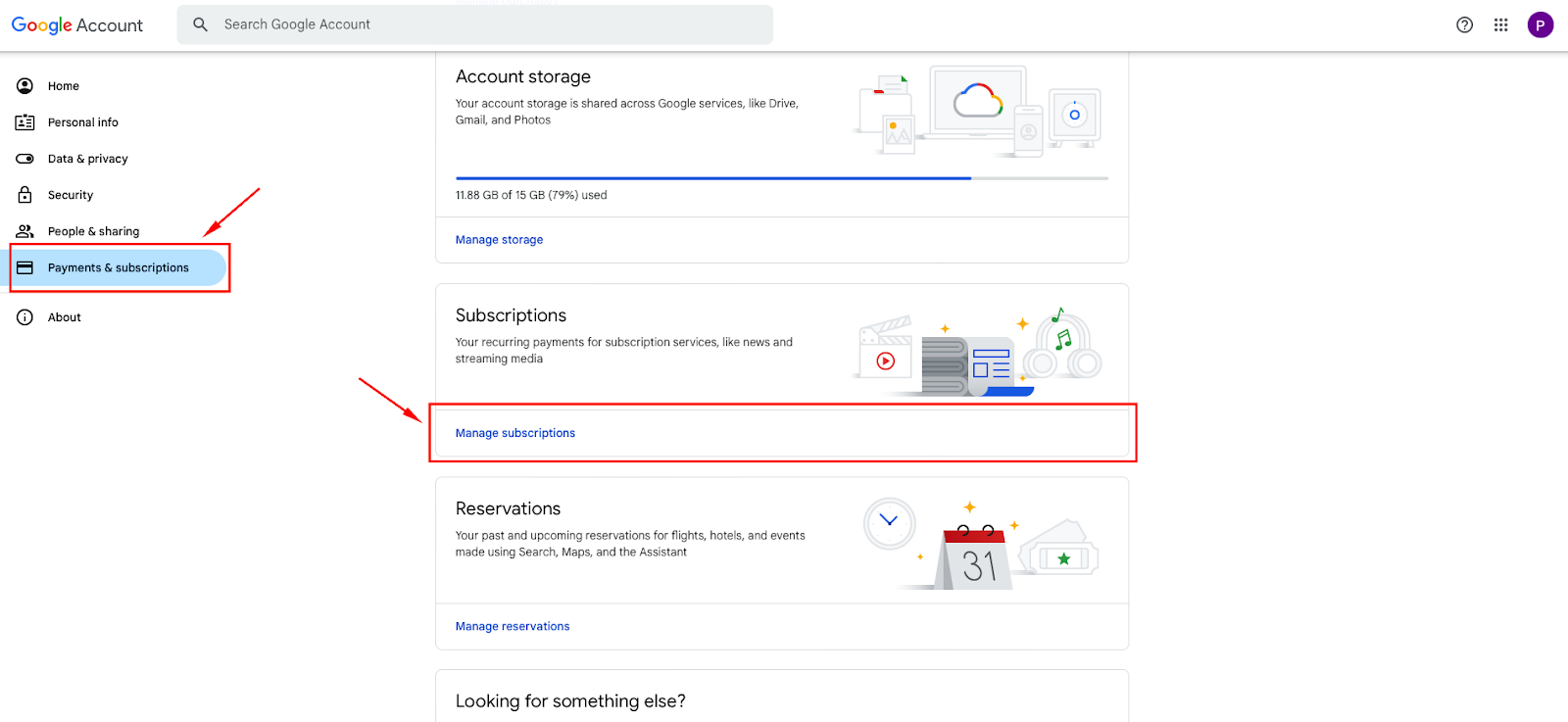 A screenshot of the page in Google Account highlighting the Payments & subscriptions section