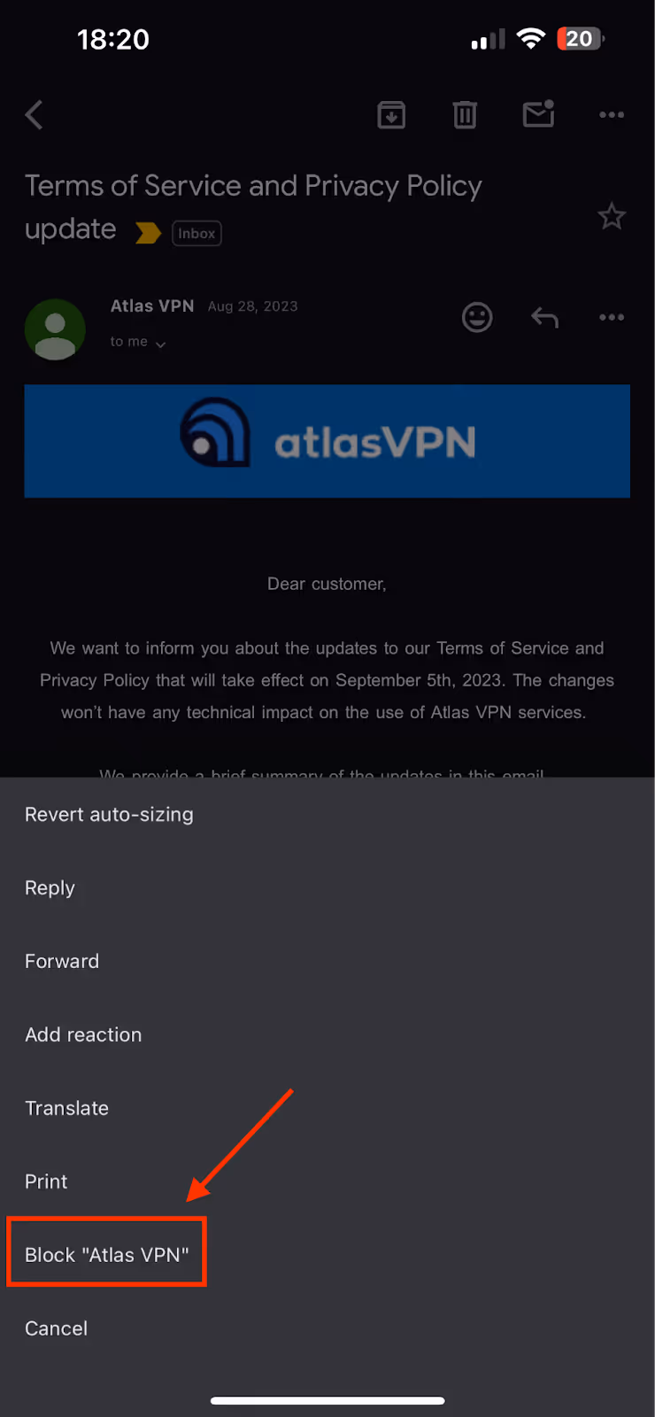 A screenshot of an email in iOS showing the three-horizontal dot symbol at the top right corner. Once you lick on the dot symbol, a drop-down list will appear which includes the option to Block "Sender's Name."