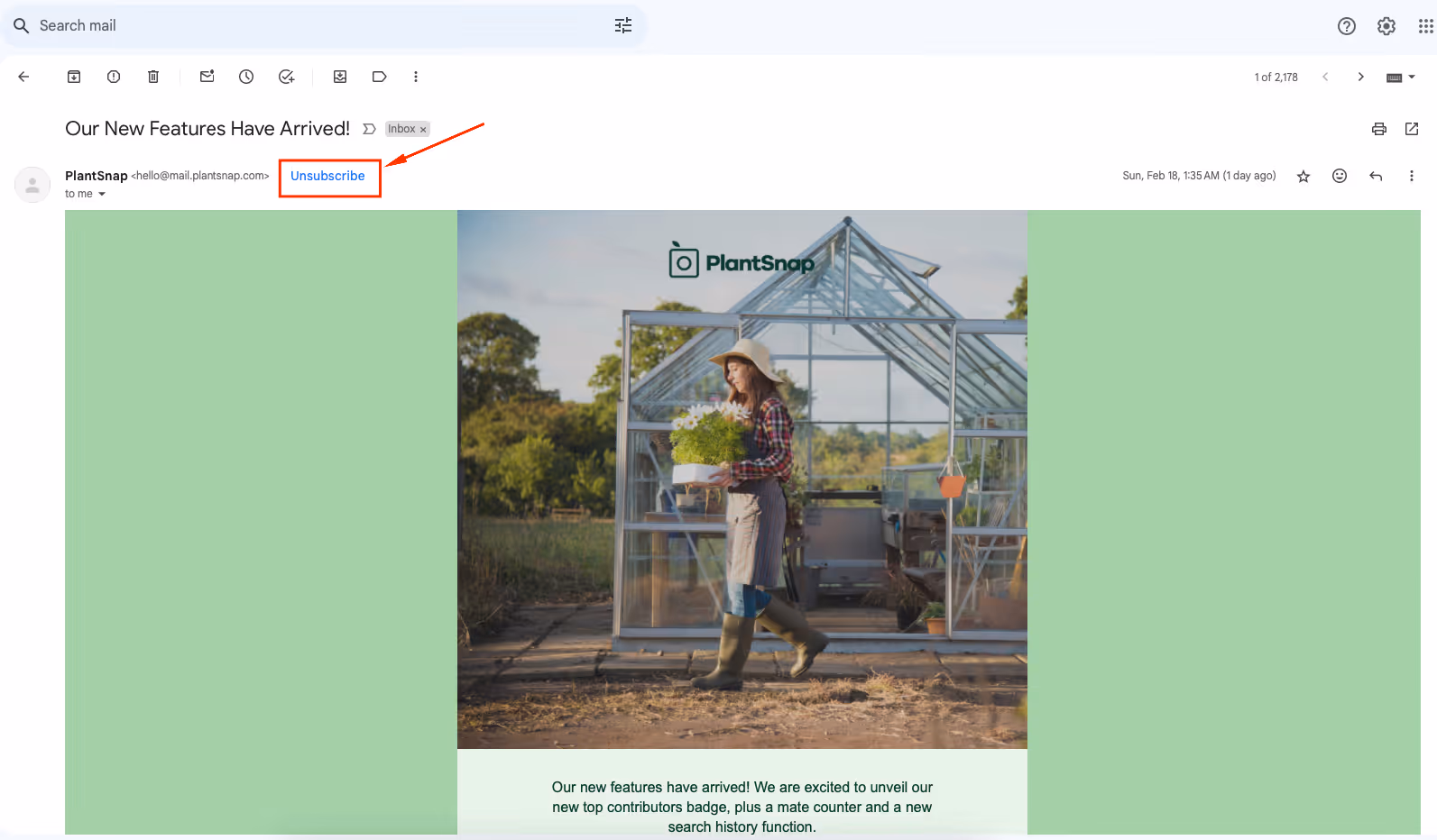 A screenshot of an email sent by the sender with Unsubscribe button beside the sender email. The may not always find the Unsubscribe button in some cases, since its provided by the sender.
