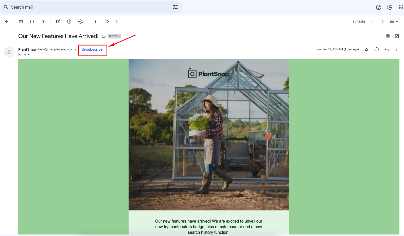A screenshot of an email sent by the sender with Unsubscribe button beside the sender email. The may not always find the Unsubscribe button in some cases, since its provided by the sender.