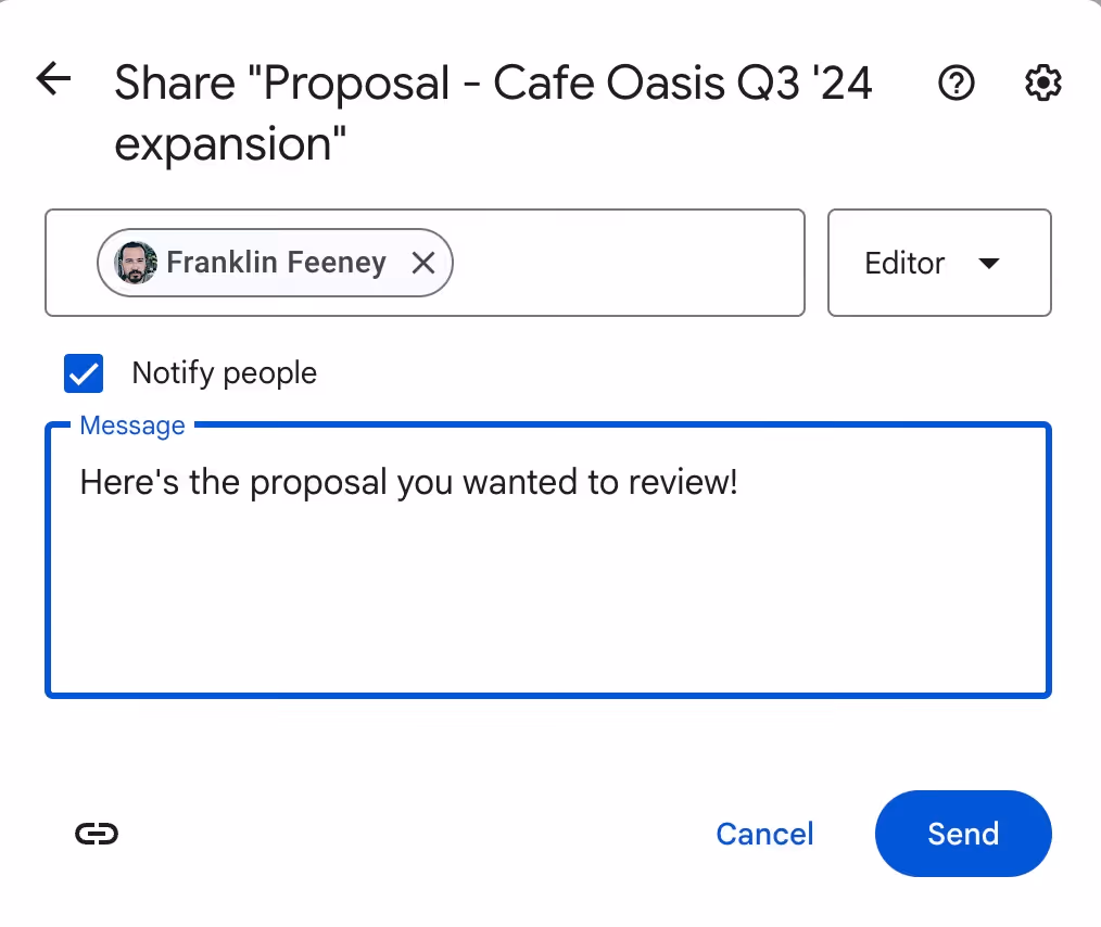 A screenshot of a pop up window after clicking the Share button in the three dots menu of one of the files in the Google Drive. It shows the box where you should indicate the recipient of the file's email address or name and another box for your message
