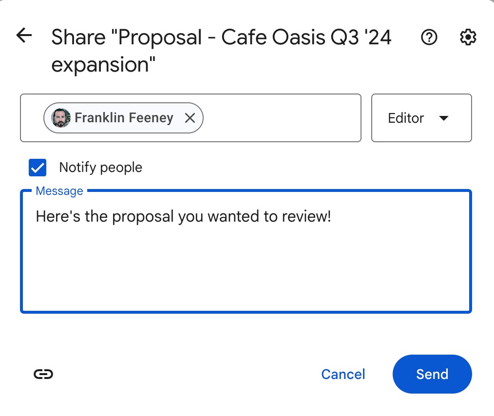 A screenshot of a pop up window after clicking the Share button in the three dots menu of one of the files in the Google Drive. It shows the box where you should indicate the recipient of the file's email address or name and another box for your message