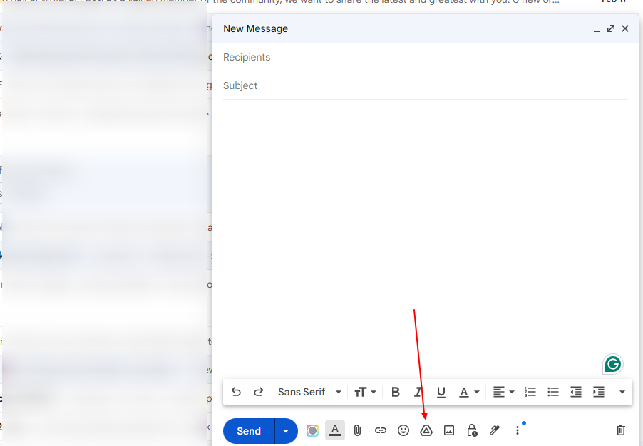 A screenshot of Gmail Compose featuring the GDrive tool where you can insert your files using the Drive, another way to attach files