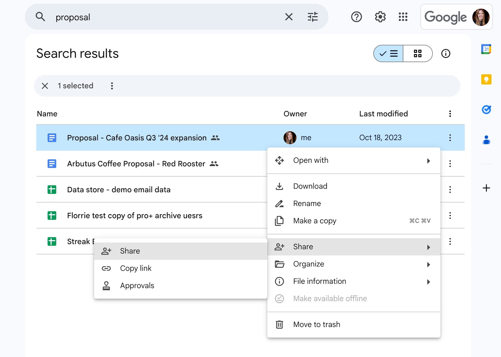 A screenshot of what's inside a Google Drive showing what's inside the drop down menu or the three dots, highlighting the Share function