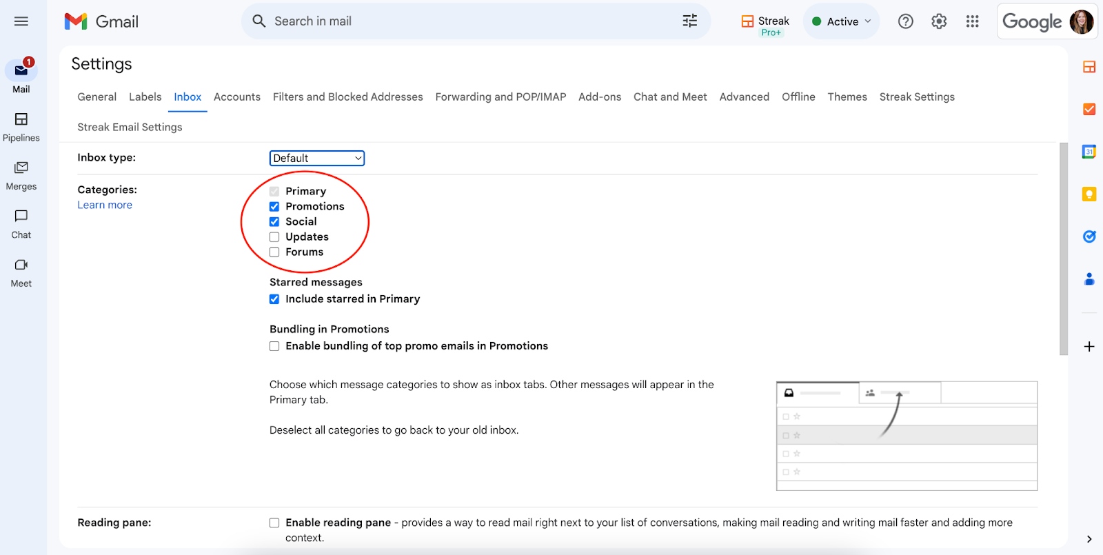 A screenshot of the categories inside the Google Settings after clicking the Inbox Type then Default