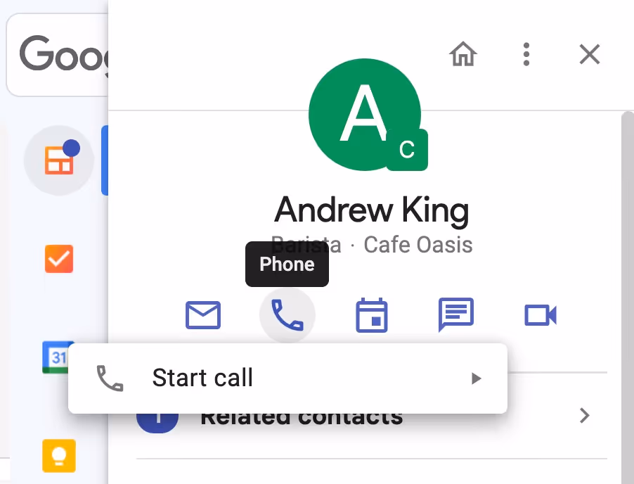A screenshot of a contact info in Gmail where you can quickly email, call, or set up a meeting with contacts using the action buttons.